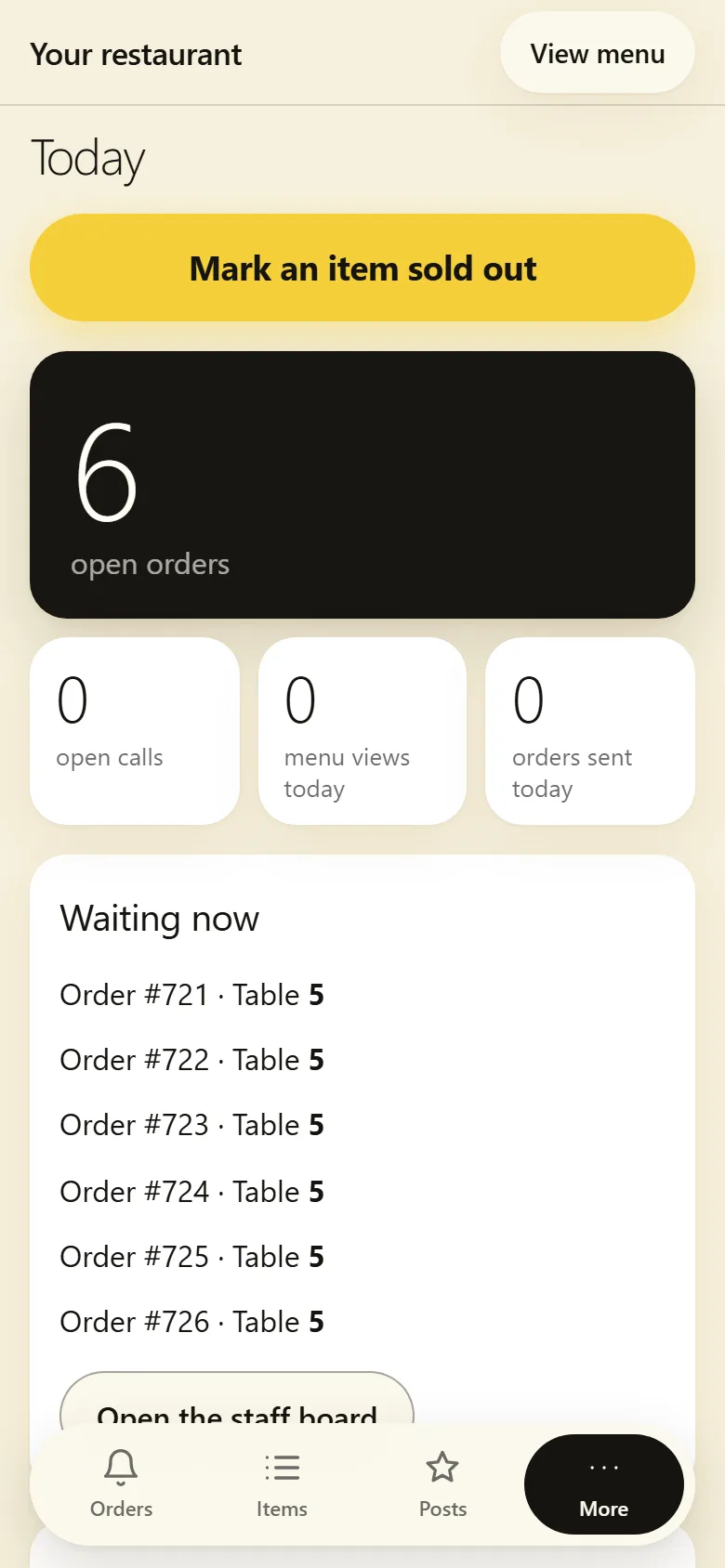 The owner's Today screen on a phone, with the yellow Mark an item sold out button.