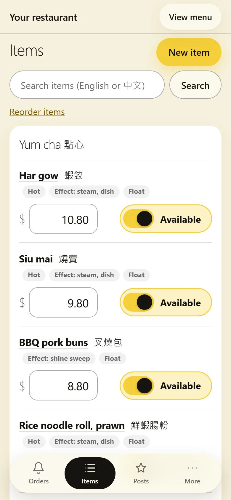 The owner's Items screen on a phone: each dish with its price box and an Available switch.