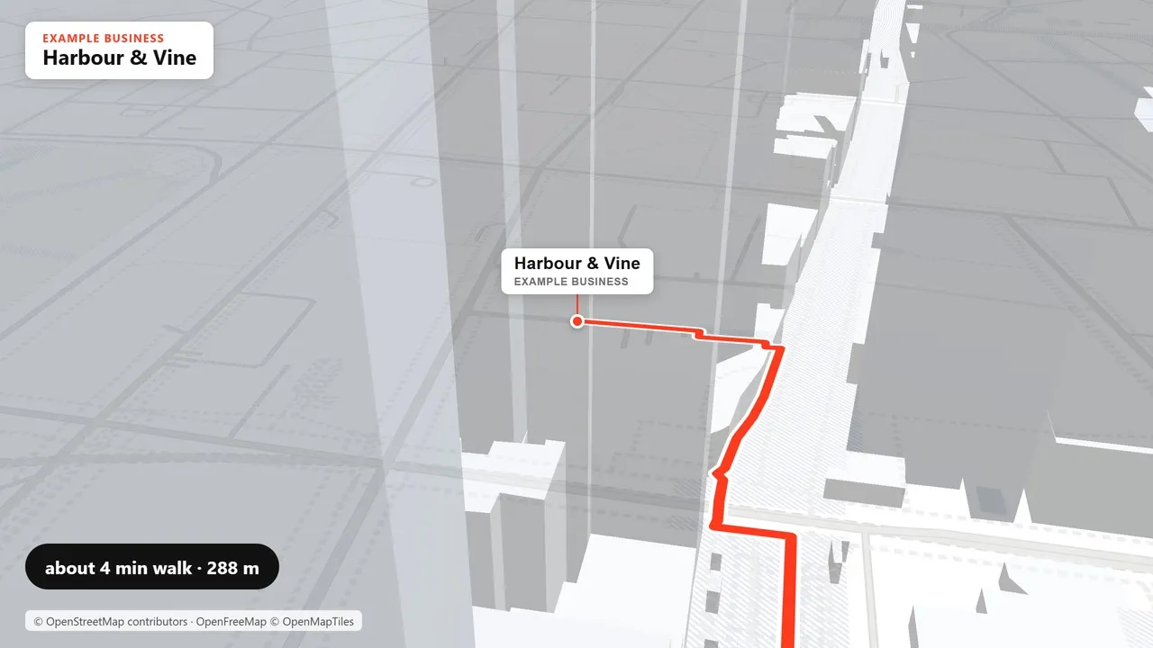 A white 3D map of city streets with a red walking route from the station to an example business, about 4 minutes and 288 metres.