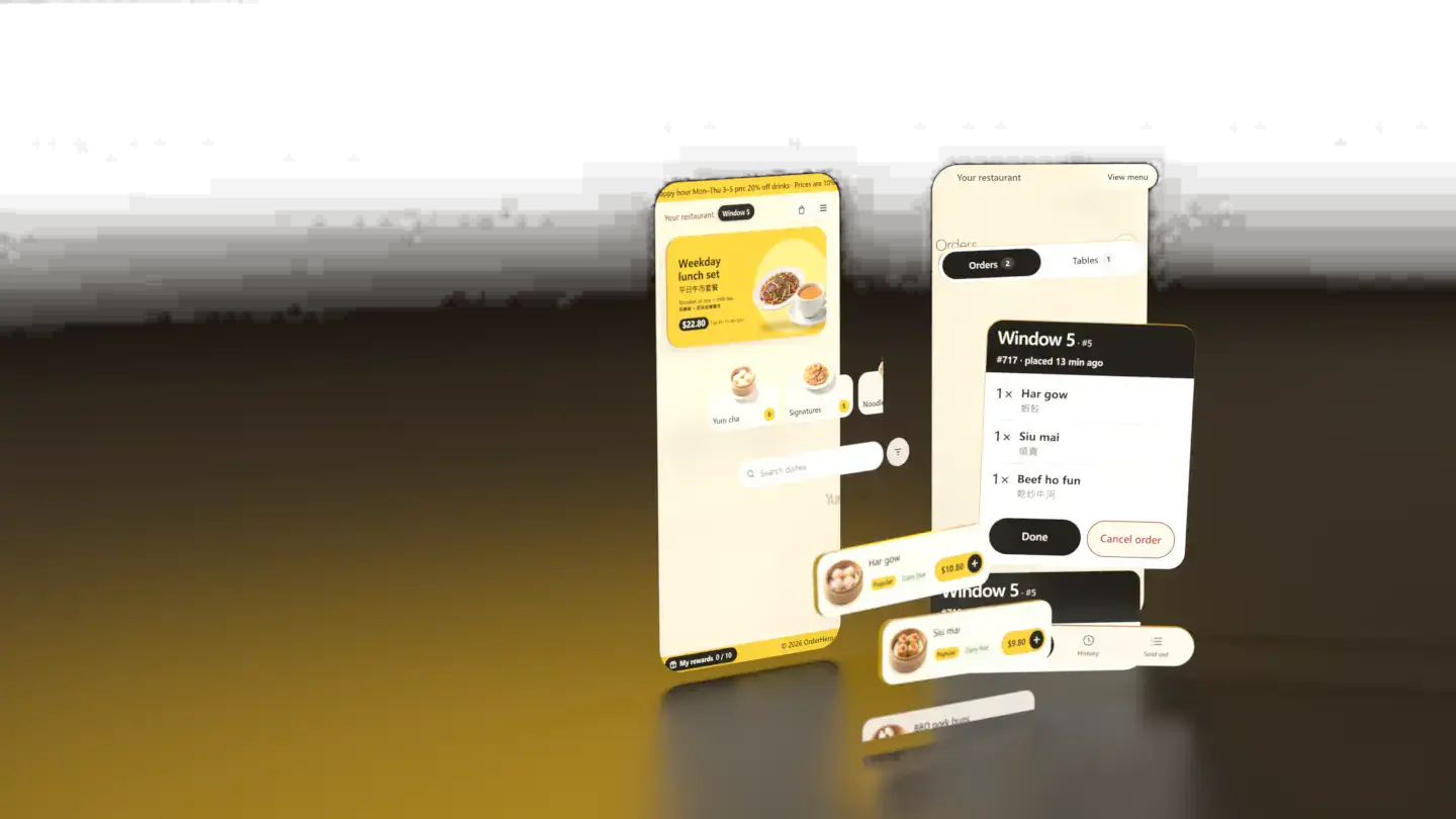 Two phones: a customer's OrderHero menu with a basket, and the kitchen's order board.